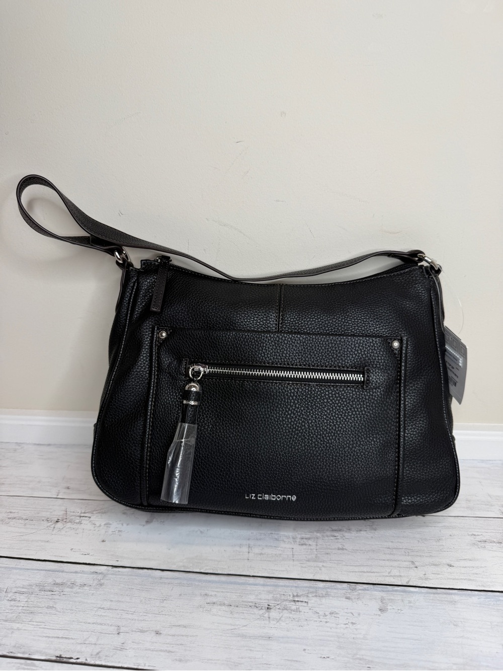Liz Claiborne Black Pebbled Leather Shoulder Bag with Tassel Zip Pocket